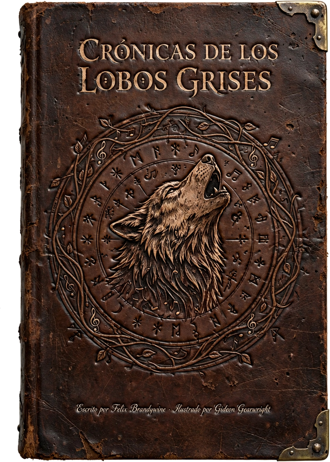 Portada de Crónicas de los Lobos Grises: un tomo de cuero envejecido con un lobo aullante grabado, rodeado de un círculo de runas y enredaderas.